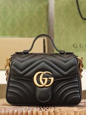 Authentic Gucci GG Marmont Mini Top Handle Bag Black Leather Quilted 547210 with